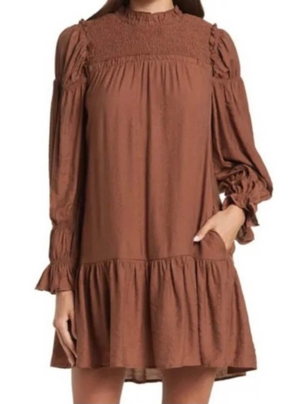 Moon River Smocked Long Sleeve Brown Shift Dress Sz M